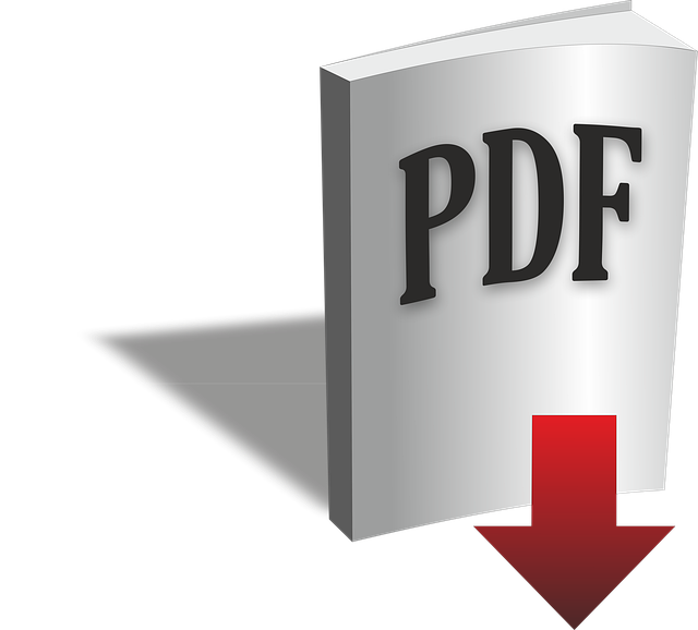 Illustration of a book titled "PDF" with a big red downward arrow that represents downloading.