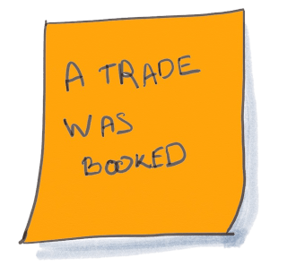 Drawing of a Domain Event orange sticky written "A trade was booked". Domain Events are the main building blocks of a Big Picture Event Storming