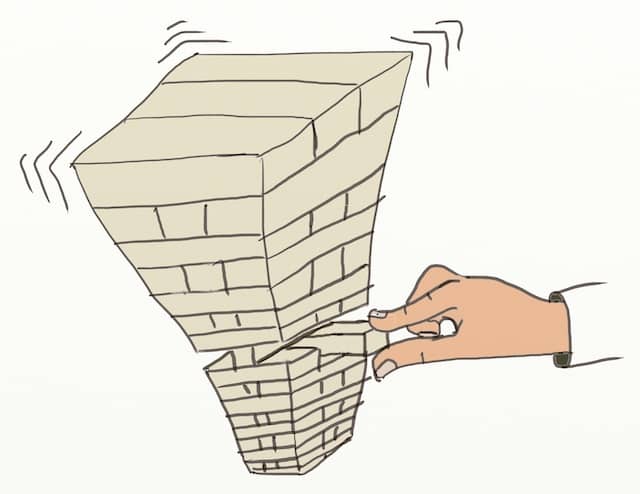 Drawing of a Jenga tower about to fall. Traditional software architecture approaches often feel like playing a game of Jenga, where any decision can cause a catastrophe.