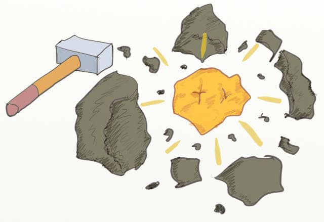 Drawing of a hammer next to a gold nugget between rocks. Using Event Storming and DDD is a good way to extract and highlight your core bounded contexts within your system