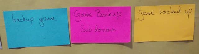 Photo of the 'Game Backup Subdomain' external system pink post-it between the 'Backup game' command to the left and the 'Game backed up' domain event to the right