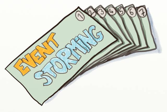 Drawing of a stack of 7 cards written Event Storming on the back. They represent the 7 tips on Design-Level Event Storming presented in this post.