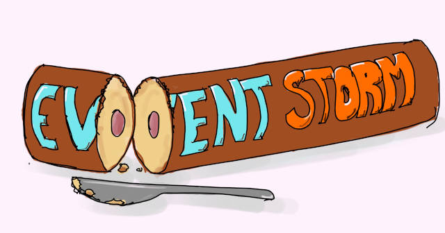 Drawing of a cake written "Event Storm" that is cut in 2 parts. Chunking Event Storming into short sessions yields plenty of great benefits.
