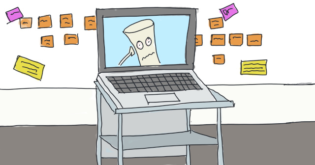 Drawing of the hacked up remote robot with a poor participant who got a headache trying to follow an event storming session remotely. Remote workshops can be boring and exhausting, here are recipes to make it more fun and productive.