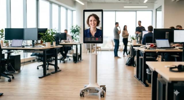 Photo of a remote robot standing in the middle of a bright open space. We can see the face of a remote worker through the robot's screen. We tried something like this in an Event Storming workshop, but it was not successful.